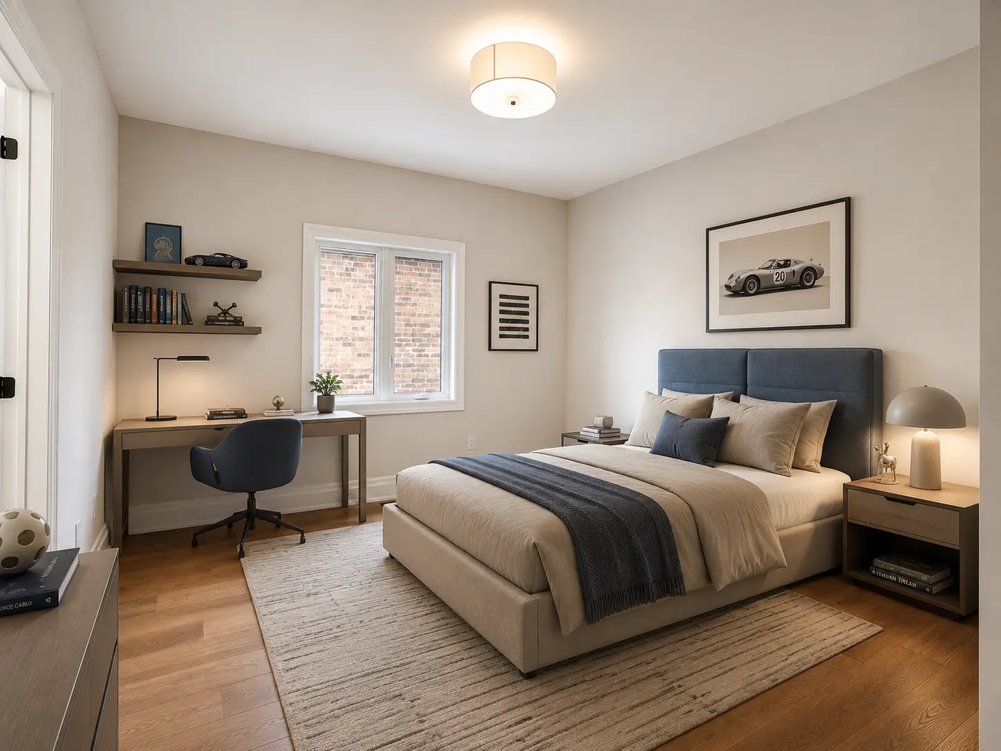 Bedroom with study desk, floating shelves and upholstered bed