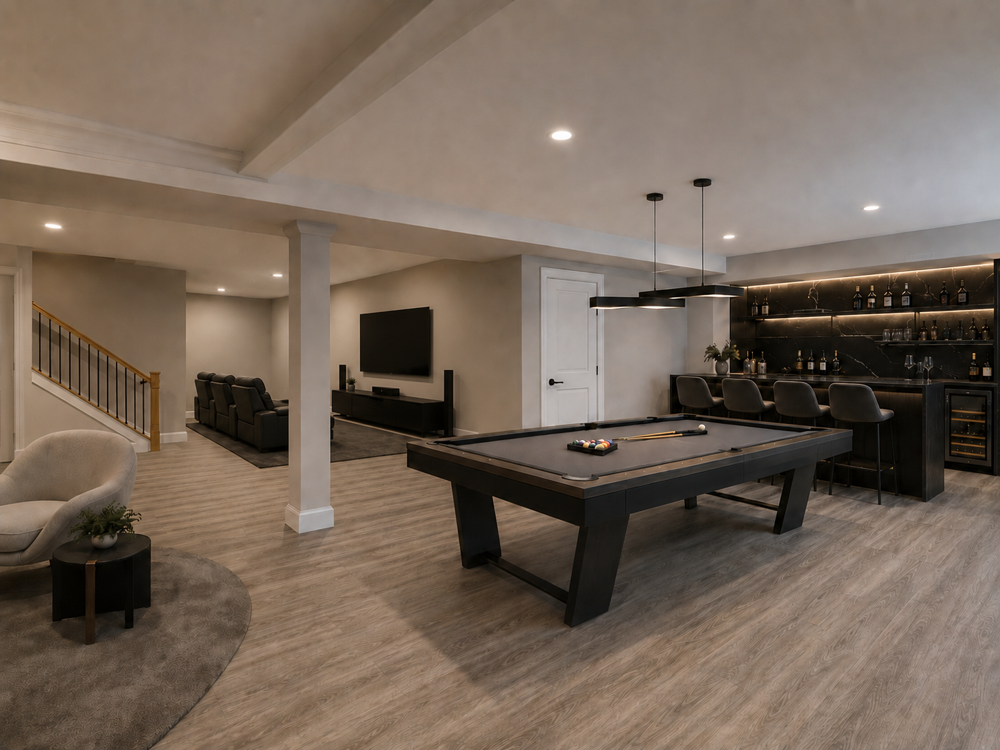 Finished lower level with billiards table, wet bar and theatre seating