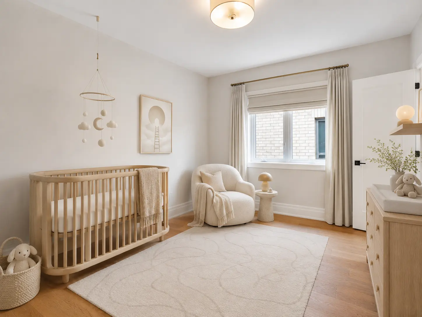 Nursery with oak crib, boucle glider and soft neutral palette