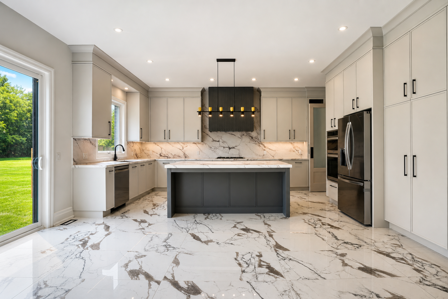 Second kitchen with marble floors, waterfall island and walkout to the yard