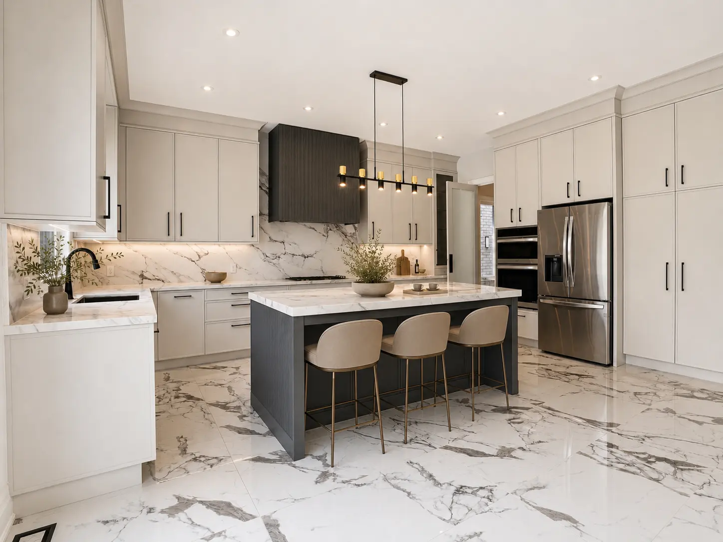Chef's kitchen with waterfall marble island and custom hood