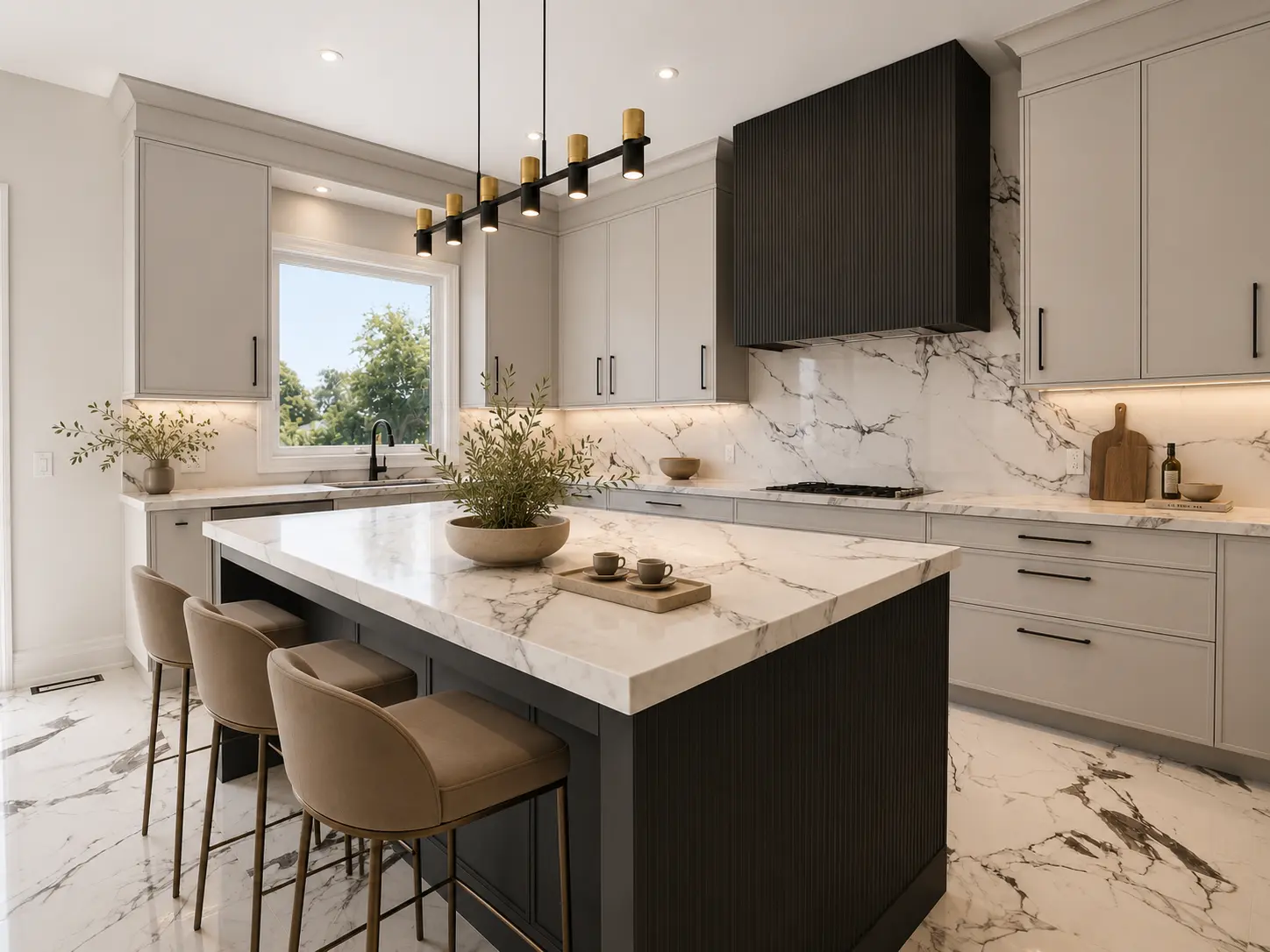 Wide view of the kitchen with full-height marble backsplash