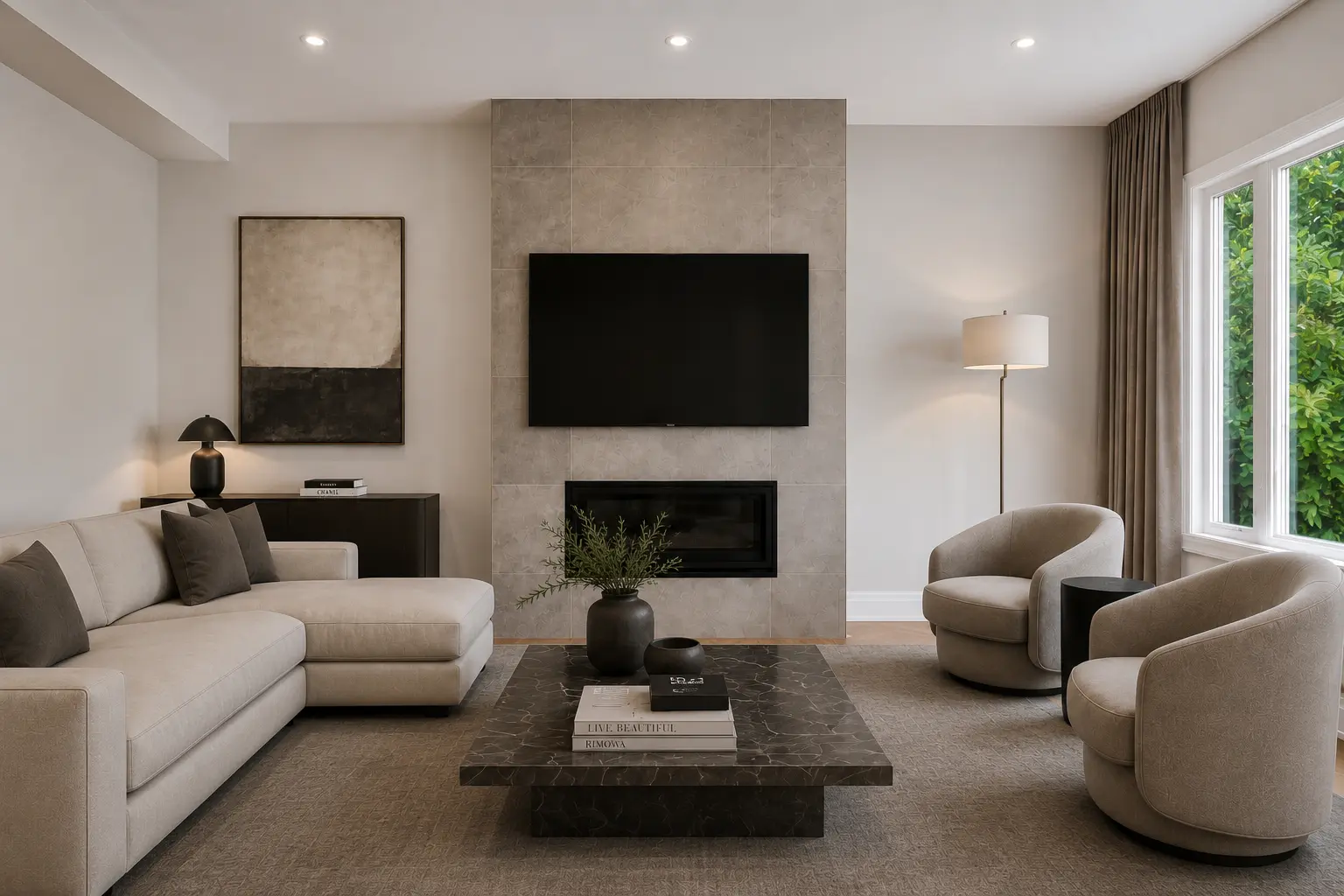 Great room with tiled fireplace feature wall and designer furnishings