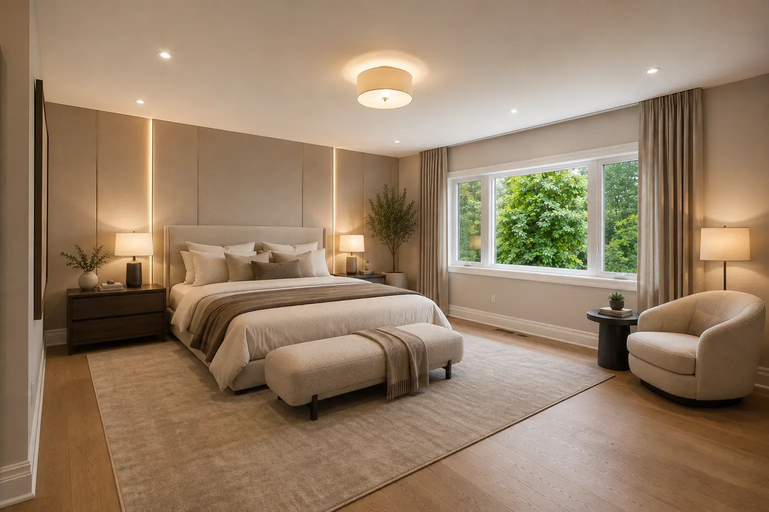 Staged primary suite with upholstered headboard wall and bench