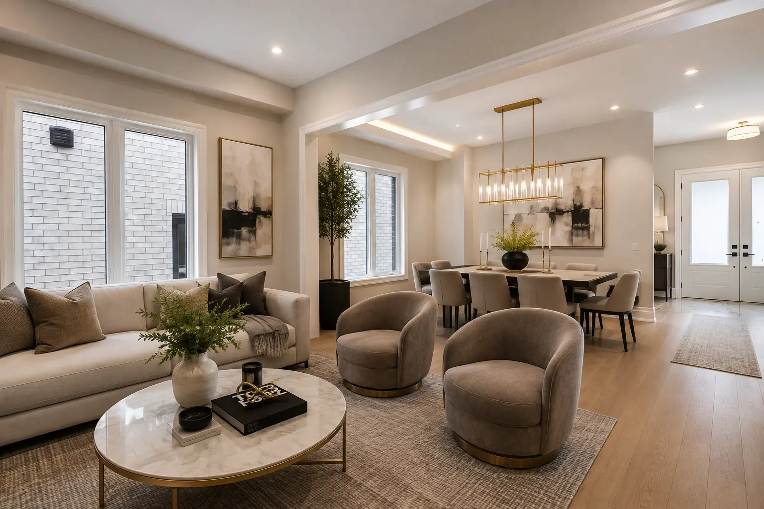 Living room and dining room staged as one open entertaining space