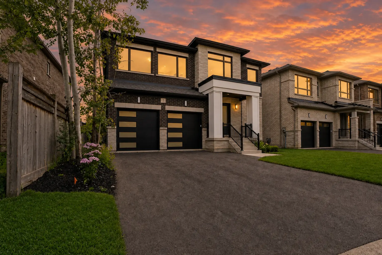 Front exterior of 7 Richmond Park Drive at dusk with lit windows