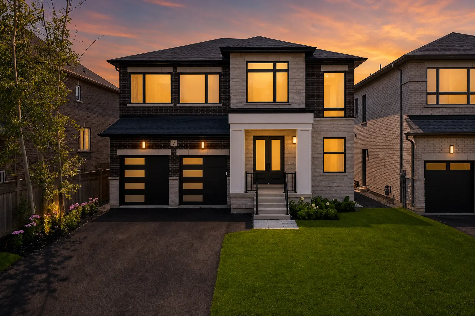 Straight-on front elevation of the estate at sunset