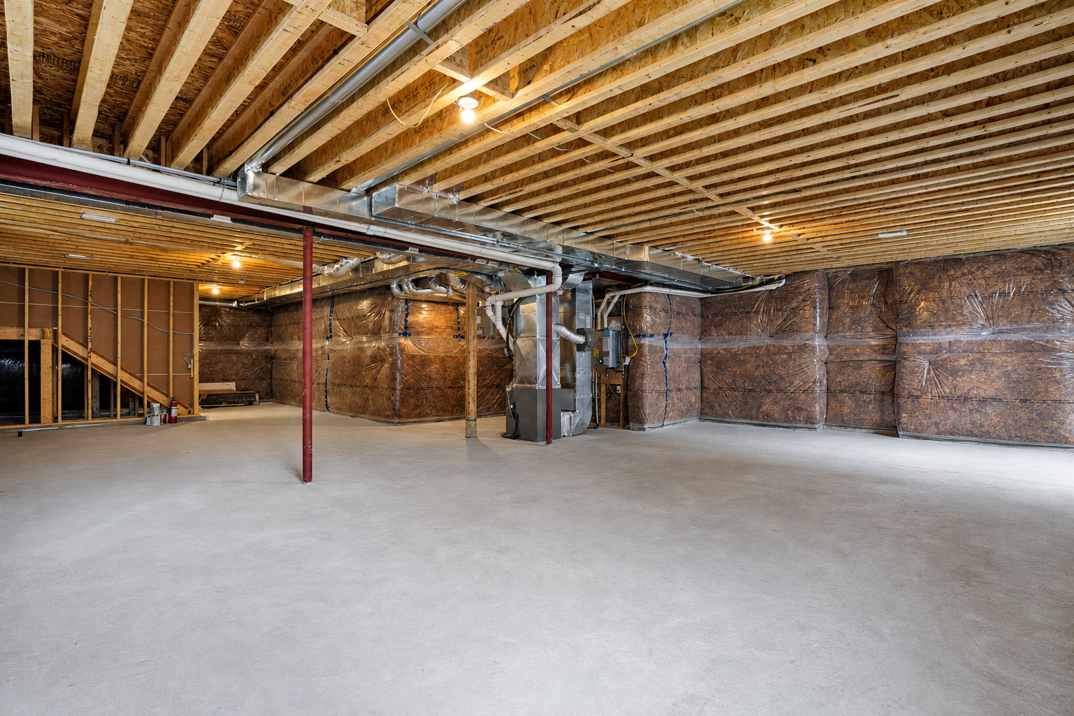 Unfinished lower level with high ceilings, steel beam and insulated walls