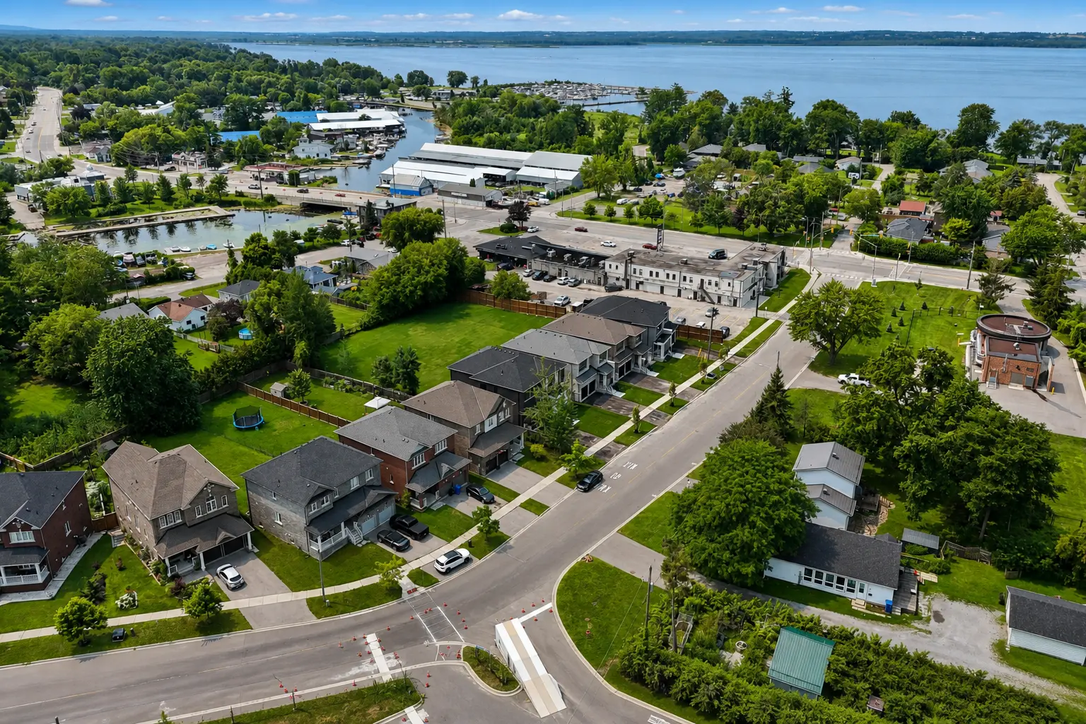 Aerial view of the street with Lake Simcoe and the marina beyond