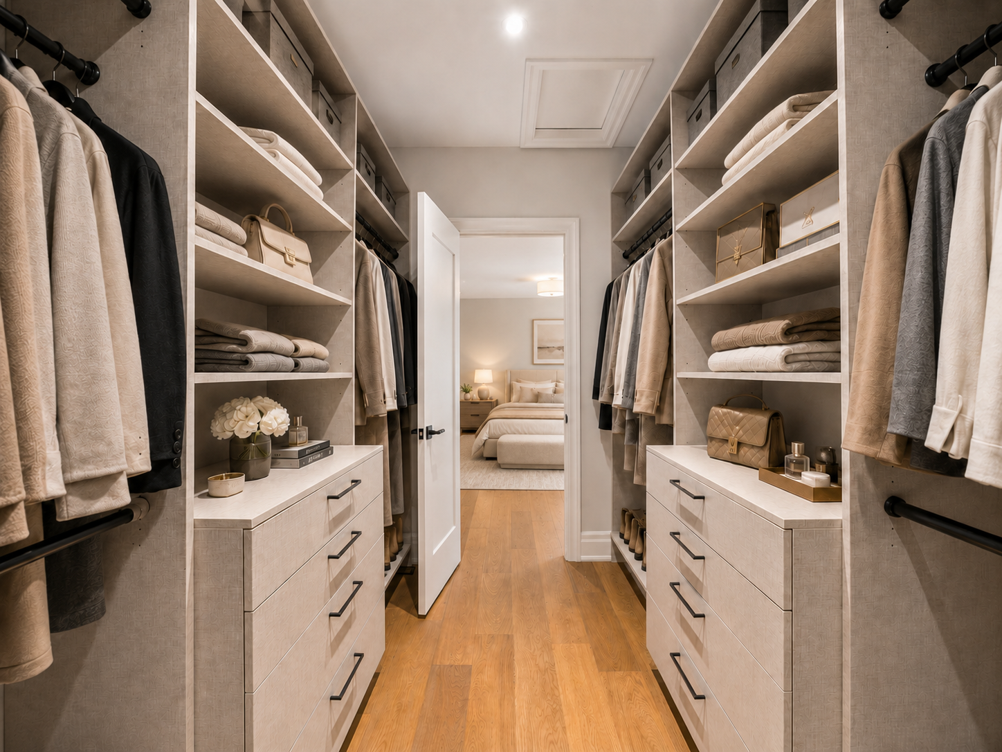 Walk-in closet with custom shelving opening into the primary bedroom