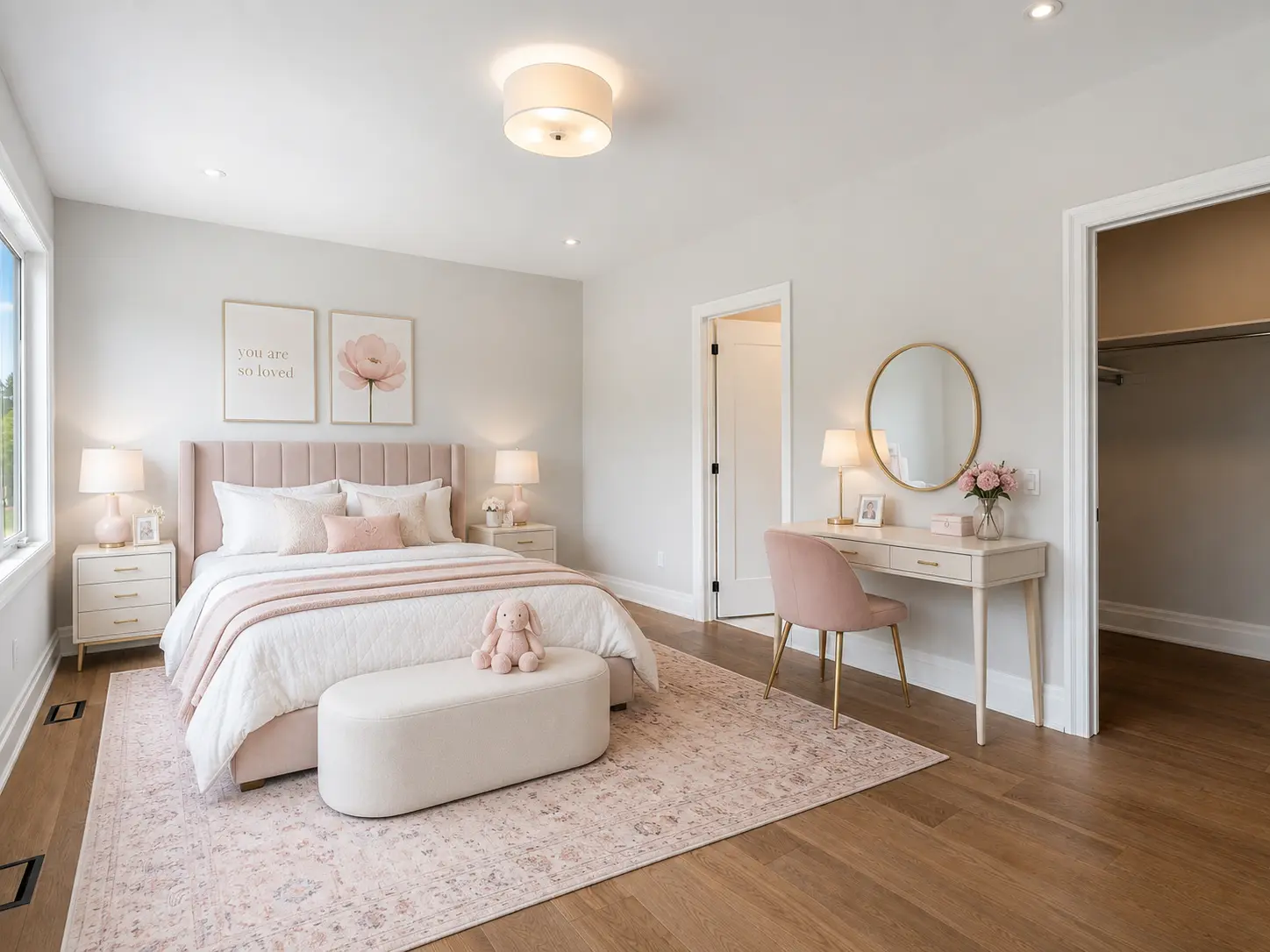 Bedroom styled in blush tones with vanity desk and walk-in closet