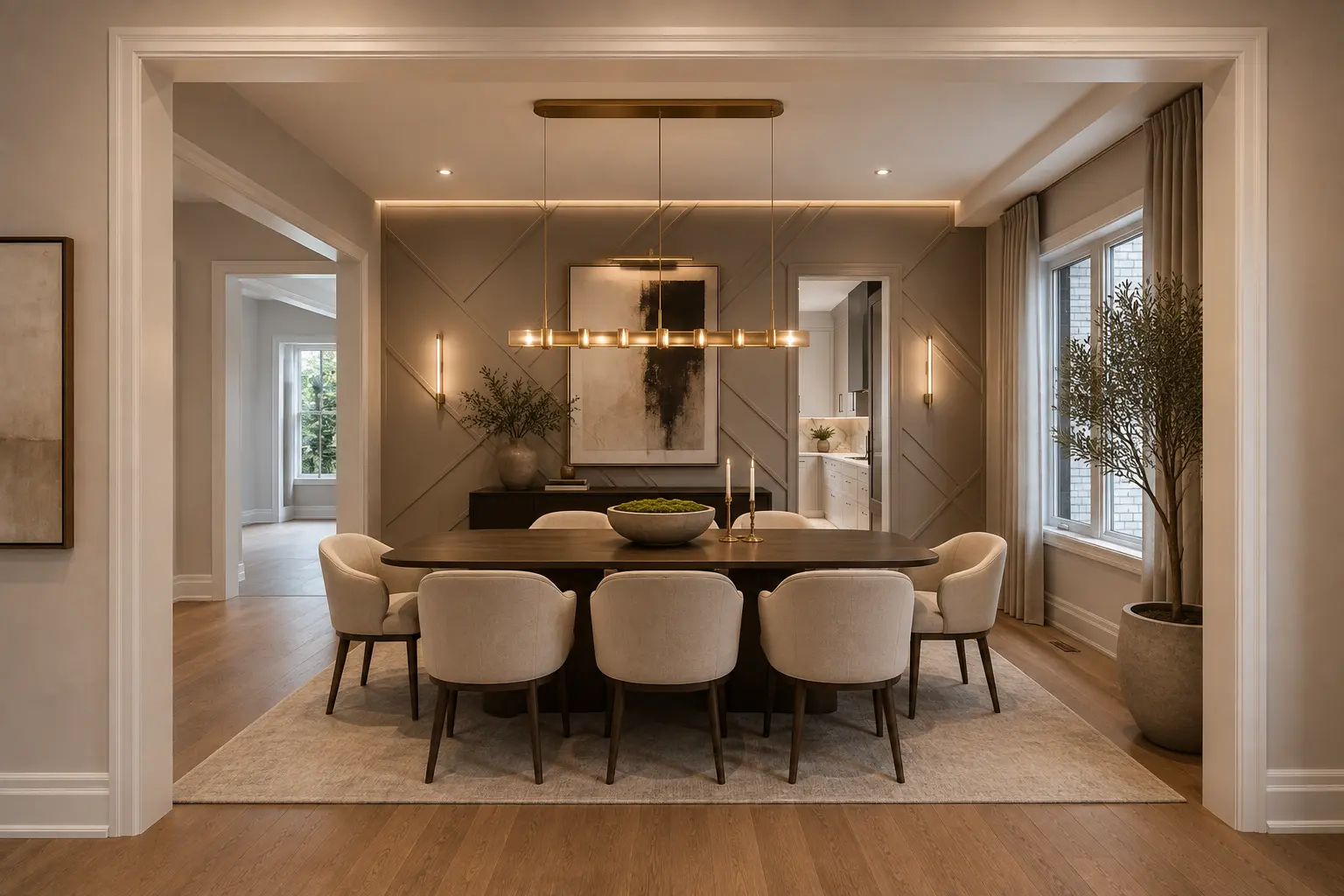 Dining room staged with brass linear chandelier and panelled wall
