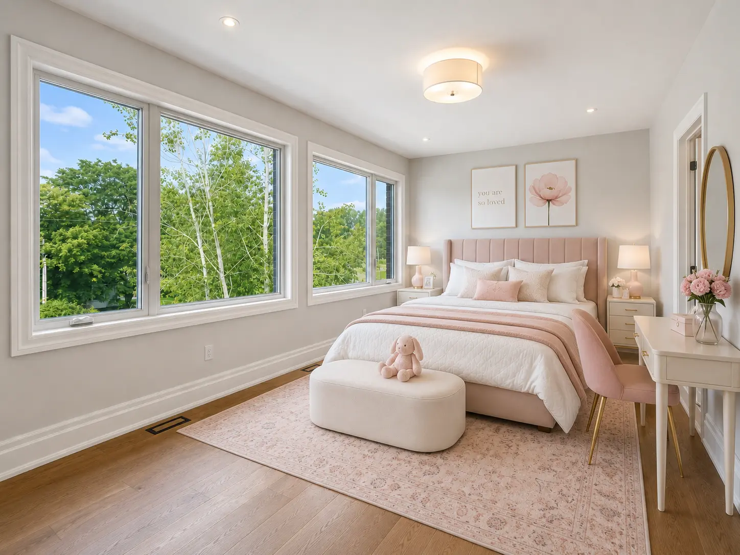 Bedroom with three oversized windows overlooking mature trees