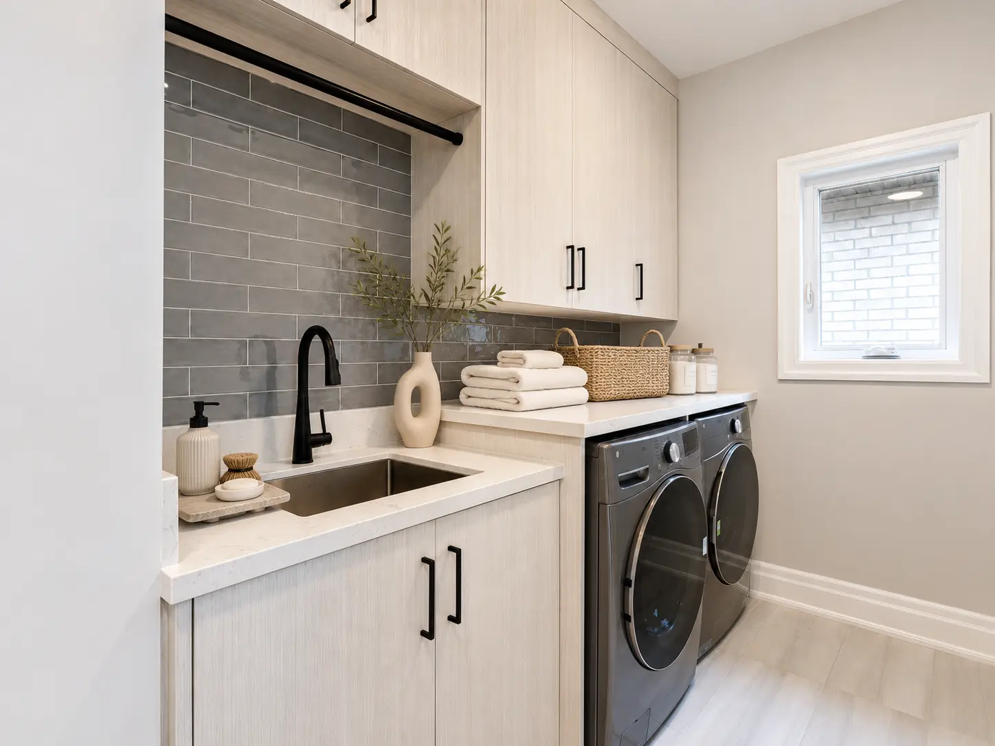 Second-floor laundry room with sink, quartz counter and cabinetry