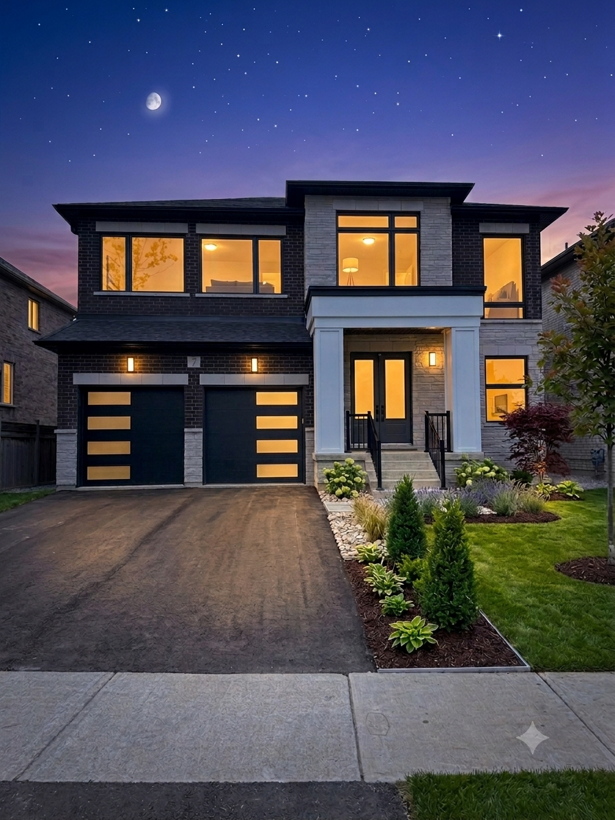 Venetian custom estate exterior at dusk in Keswick, Ontario