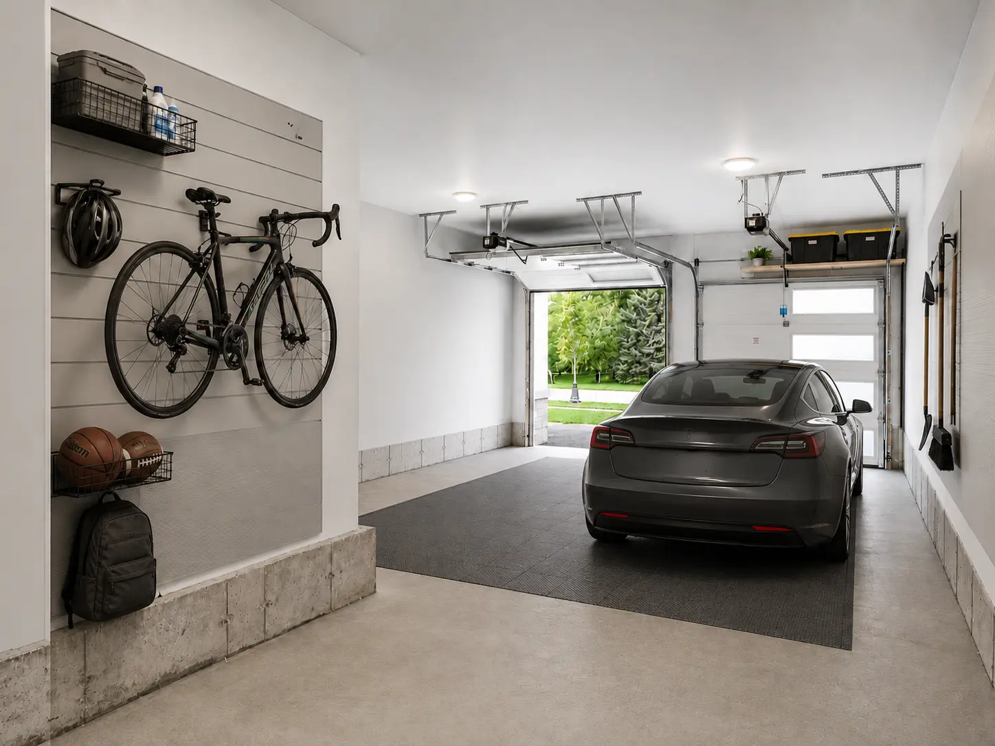 Finished garage with storage wall and interlocking floor tiles