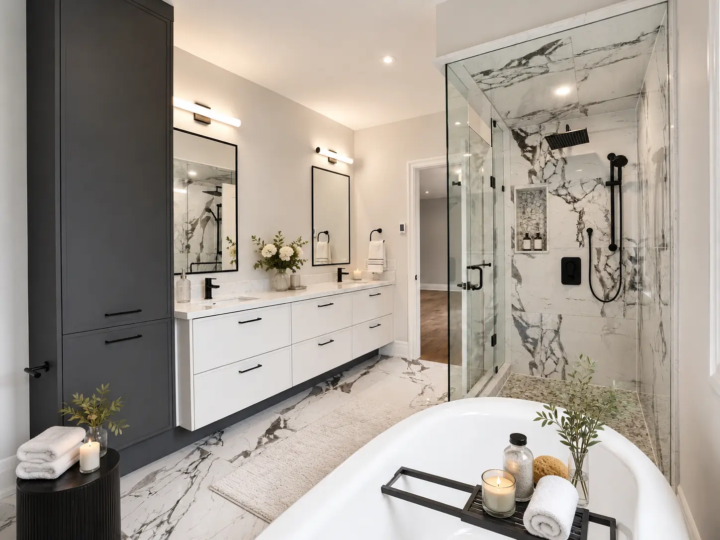 Spa ensuite with double vanity, marble shower and freestanding tub